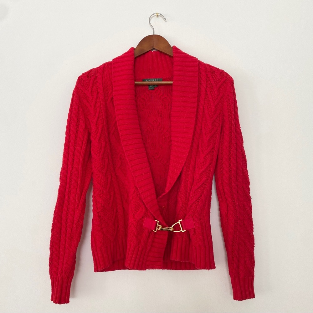 Lauren Ralph Lauren Red Cable Knit Buckle Shawl Collar Cardigan Small Cotton